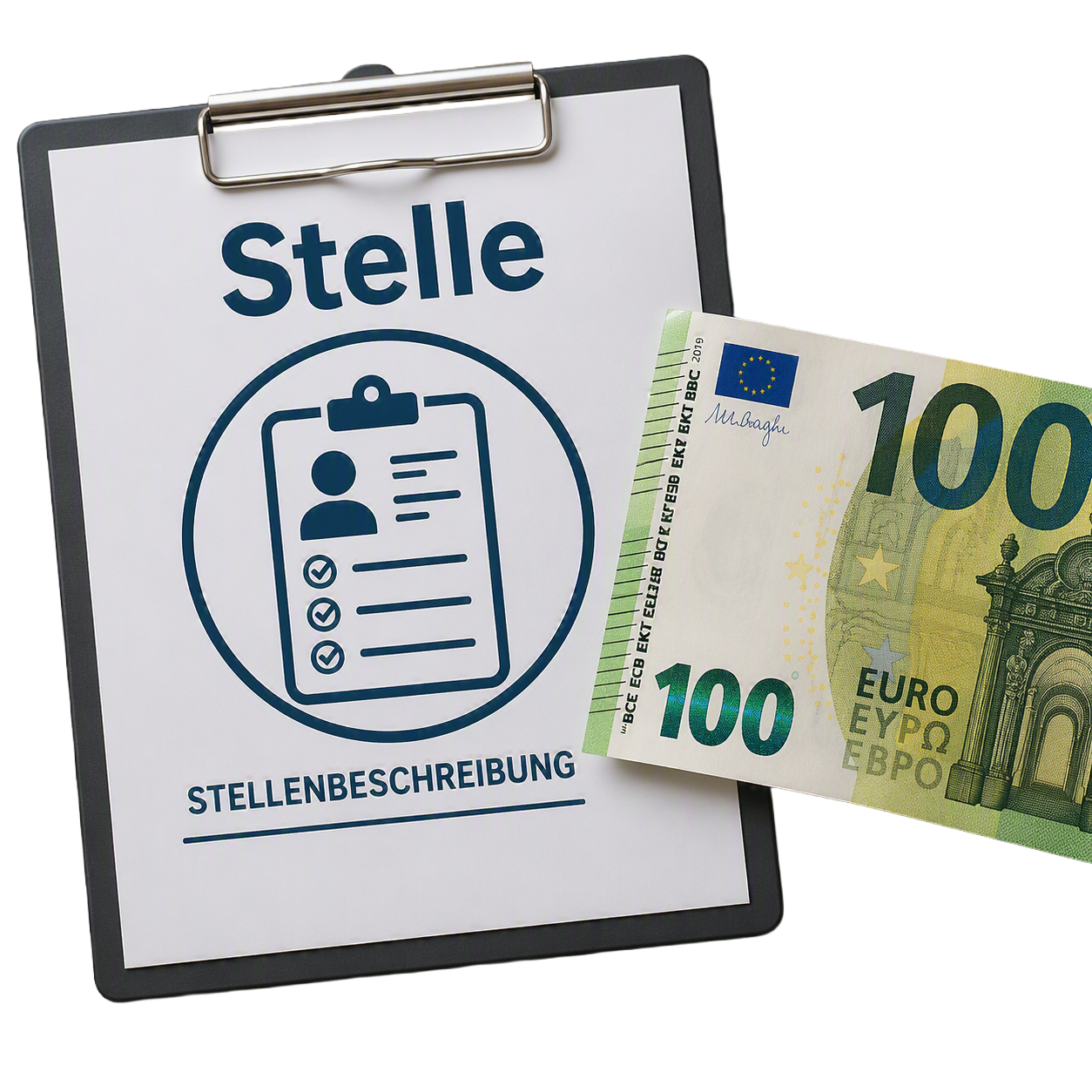 Stellenbeschreibung mit 100-Euro-Schein